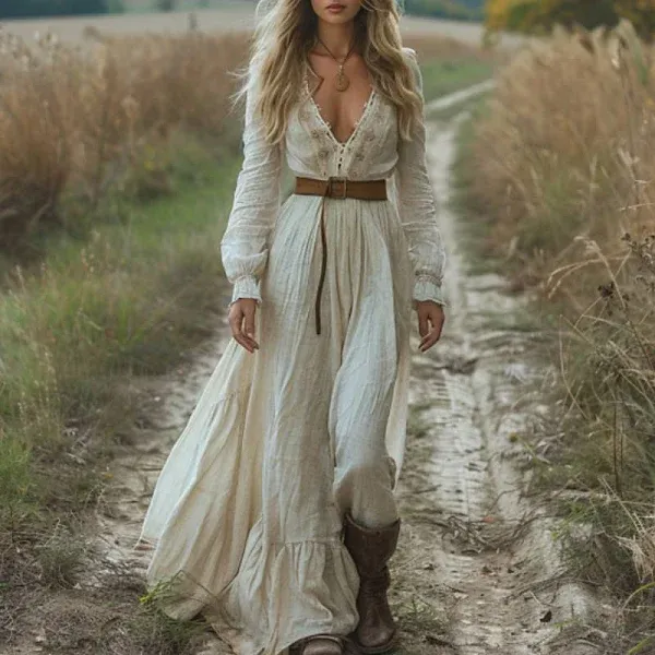 Women's Long Dress Maxi Dress Vintage Dress Western Dress Fashion Classic Modern Vacation Holiday Going out Regular Fit Plain Long Sleeve V Neck Beige