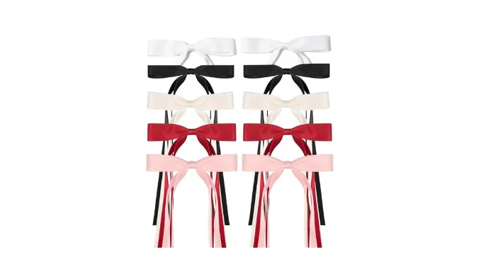Ribbon Hair Bows Set for Women and Girls – 10PCS Hair Clips with Bowknot Tassels, Barrettes in Black, White, Wine Red, Beige, Pink