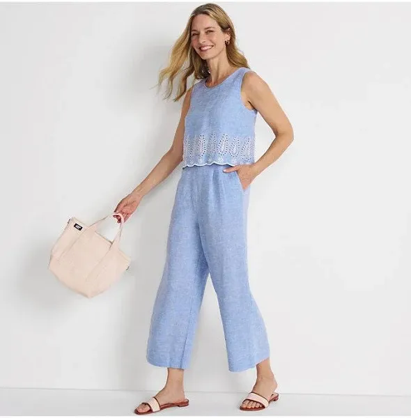 Lands' End Women's Sleeveless Embroidered Linen Jumpsuit