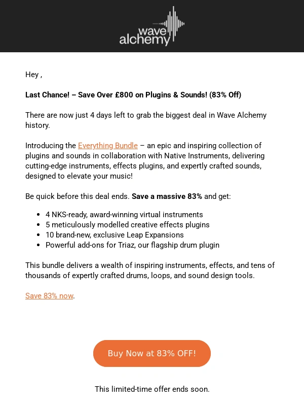 Wave Alchemy - Last Chance to save big on plugins & sounds
