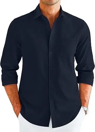 COOFANDY Mens Casual Button Down Long Sleeve Dress Shirt Untucked Slim Fit Stretch No Tuck Chambray Shirts Blue S