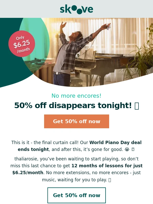 Skoove - 50% off ends tonight! Last chance to get piano lessons for only $6.25/month
