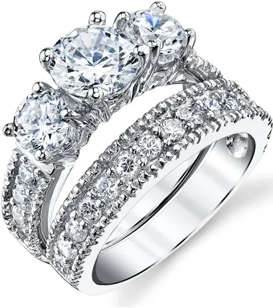 Sterling Silver Cubic Zirconia Past Present Future Bridal Set Engagement Wedding Ring