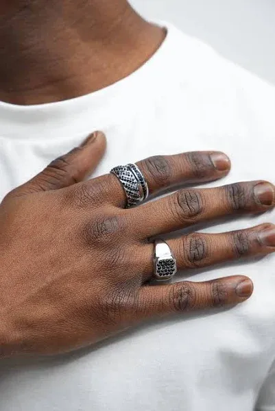 Fashion Nova Men's Textured Stone Silver Ring Set