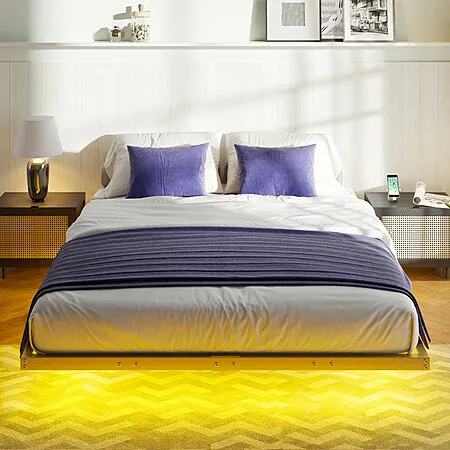 Wayfair Bedroom Furniture Sale: Canealus Floating Metal Bed Frame w/ LED Lights $87, Adjustable Vegan Leather Headboard Platform Bed w/ LED $285 + Free Shipping