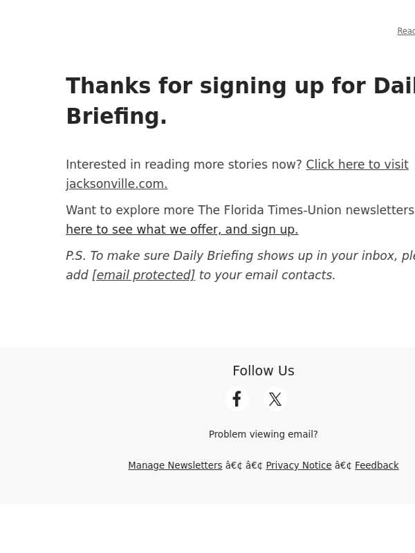 Jacksonville - Thanks for signing up for Daily Briefing