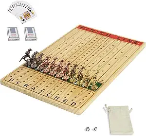 Horse Race - Racing Game, Thickened Solid Wood, 11 Metal Horses, 2 Dice, 2 Boxes of Cards, Log Color, Rectangle