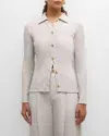Ribbed Long-sleeve Button-front Polo Shirt In Salt Glass