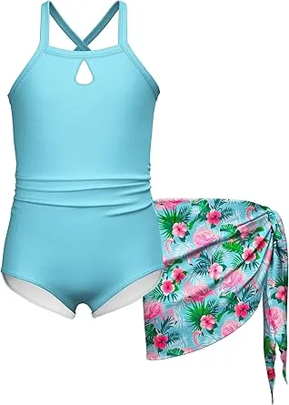 LQSZ Girls Swimsuit with Crossed Shoulder Straps Charming Swimwear Quick-Dry Beachwear for Ages 3-12 Green