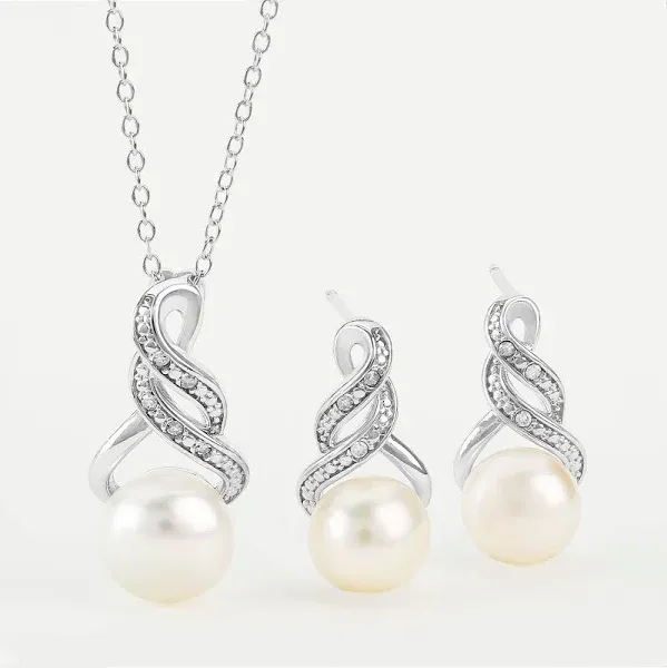 Macy's Cultured Freshwater Pearl and Diamond Pendant Necklace and Earrings Set in Sterling Silver