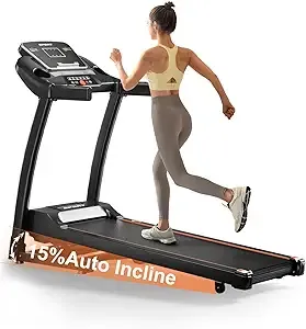 Treadmills for Home, 0-15% Auto Incline, 3.0HP Folding Treadmills for Running Walking with 300 LBS Weight Capacity, Bluetooth & Heart Rate Sensors, Hydraulic Folding
