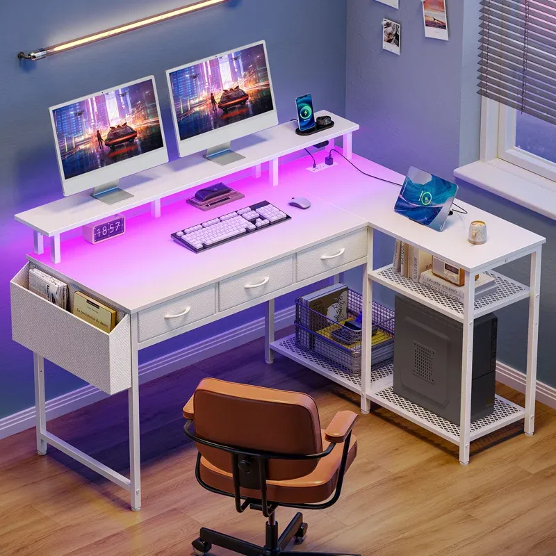 L Shaped Desk with Power Outlets & RGB LED Lights, Reversible Computer Desk with Monitor Stand