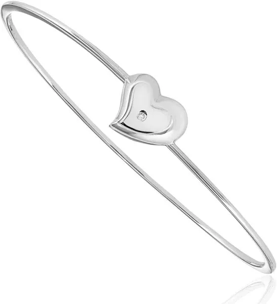 925 Sterling Silver Diamond Heart Bangle Charm Bracelet
