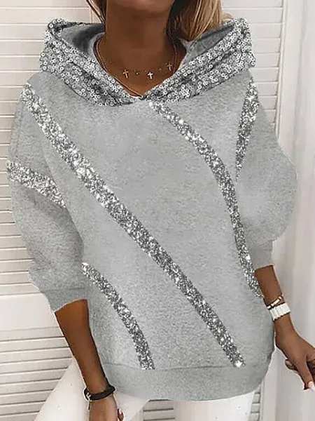 Women's Hoodie Sweatshirt Casual Street Dailywear Hoodie Sequins Patchwork Long Sleeve Black