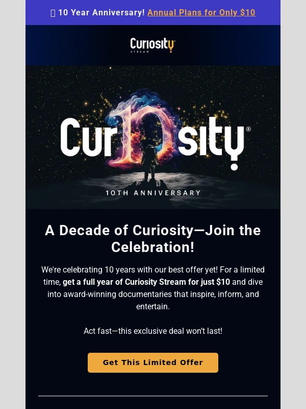 CuriosityStream - Your next year for just $10! ??️?