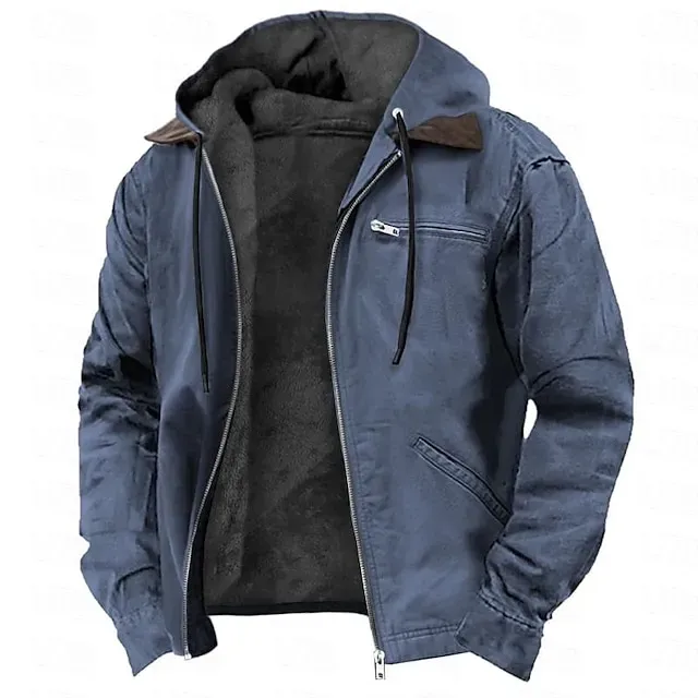 Men's Hoodie Full Zip Hoodie Sherpa Linend Army Green Blue Brown Gray Hooded Plain Pocket Sports & Outdoor Daily Holiday Vintage Streetwear Casual Fal
