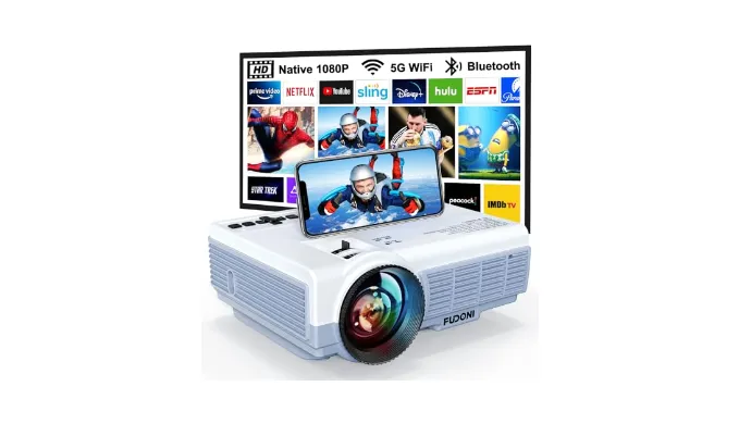 Projector with WiFi and Bluetooth, FUDONI Upgrade Projector Native 1080P 14000L 4K Supported, Portable Movie Outdoor Projector for Home Theater, Compatible w HDMI/USB/TV Stick/Laptop/iOS Android Phone
