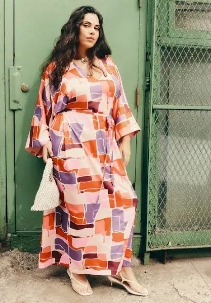ELOQUII Women's Plus Size Printed Kimono Dress with Tie