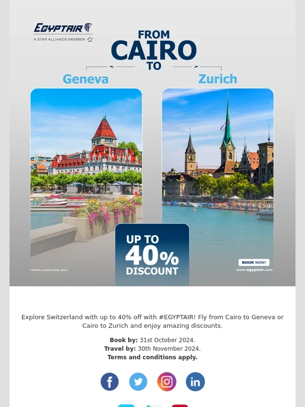 EGYPTAIR - Get Up to 40% Off to Geneva or Zurich