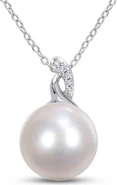 Sterling Silver Cultured Pearl and Diamond Necklace