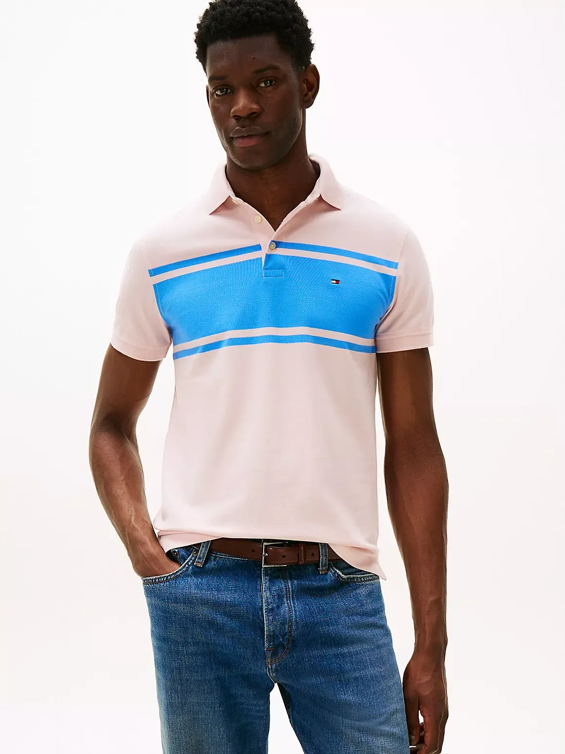 Tommy Hilfiger Men's Slim Fit Block Stripe Polo - Pink -