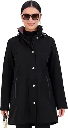 Jones New York Long Rain Jacket Women – Rain Coats Women – Cute Warm Womens Rain Jacket – Black/Taupe – Small