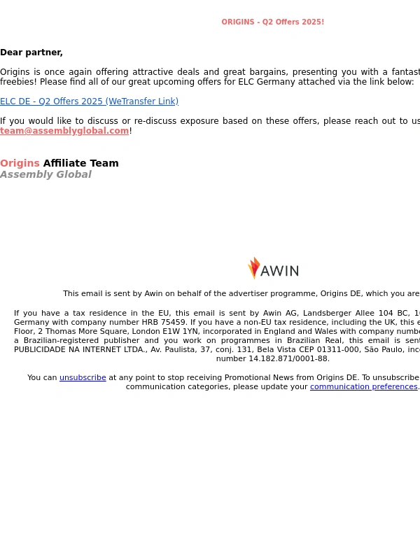 WeTransfer - Fwd: Origins DE (20317): Origins - Q2 Offers 2025