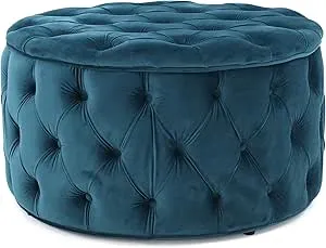 gdfstudio Christopher Knight Home Zelfa Velvet Round Ottoman (29.5"D x 29.5"W x 17.5"H, Dark Teal)