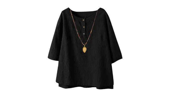 Linen Shirts for Women Jacquard Casual Blouses Lightweight Button Round Neck Loose Fit Tunic Tops 3/4 Sleeve T-Shirt