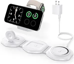 3 in 1 Charging Station for Apple Devices – Foldable Magnetic Wireless Travel Charger Multiple Devices – Travel Charging Pad for MagSafe iPhone 16 15 14 13 12 Pro Max Plus Apple Watch & AirPod