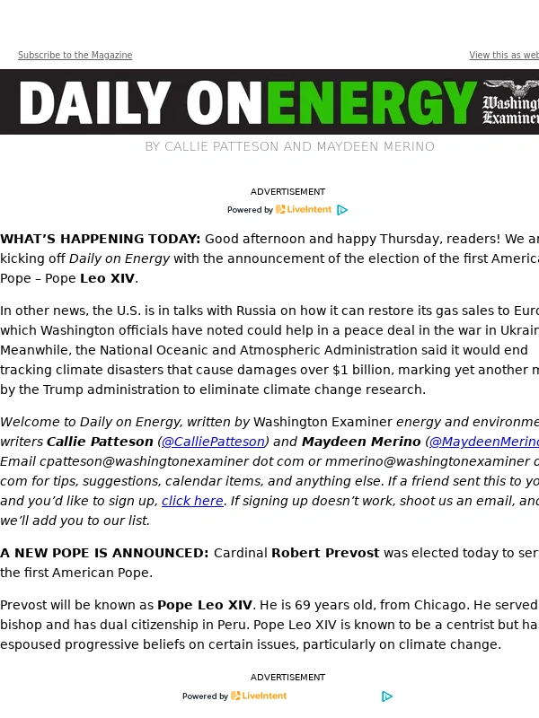Washington Examiner - Daily on Energy,presented by CRES Forum: Pope Leo XIV,Russian gas,and the Glen Canyon ATV ban