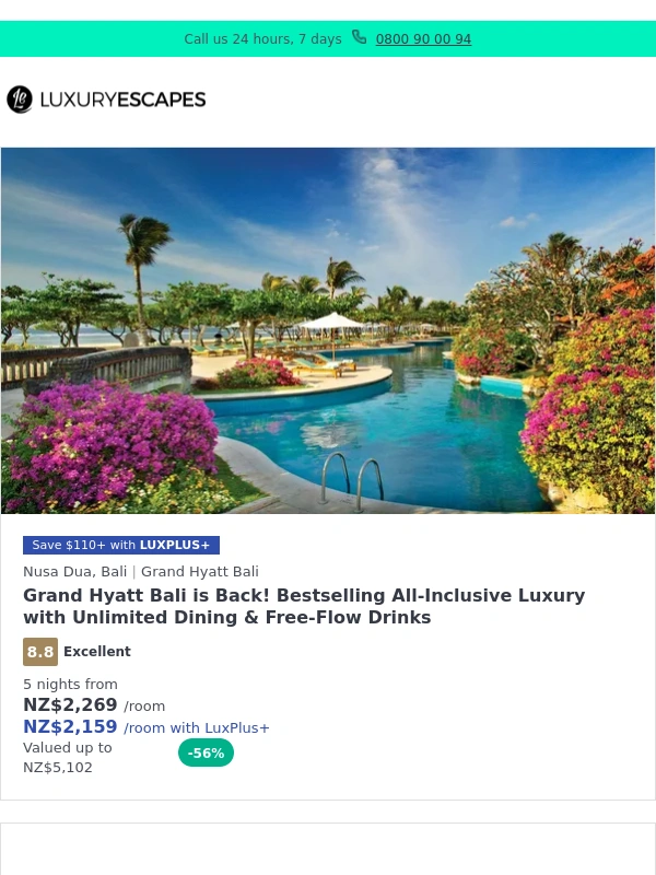 Luxury Escapes - Don’t Miss Our Best-Ever Offer: Grand Hyatt Bali is Back w. Unlimited Dining & Drinks | Central LA Stay w. Daily Dining Credit & Cocktails | Central Brisbane Glamour w. Daily Breakfast & Drinks