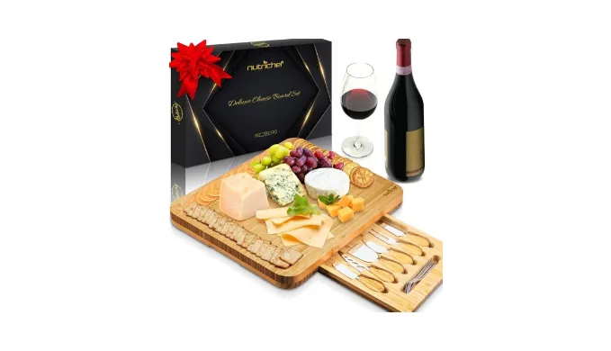 NutriChef Natural Bamboo Cheese Board Set with Bonus Condiment Cup-Extra Large Size 100% Home Organic Wooden Plate and Charcuterie Tray with 4 pcs Cutting Knife Slicer