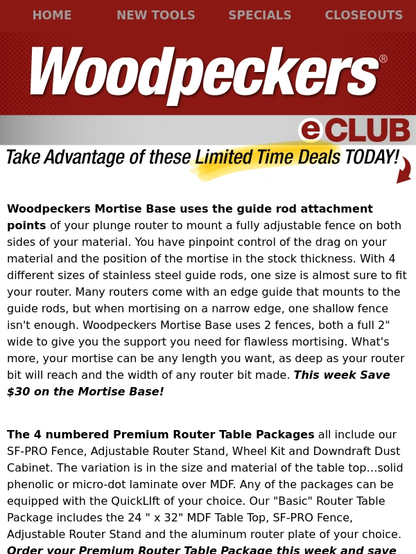 Woodpecker - SAVE $30 Mortise Base | SAVE up to $100 Premium Router Table Packages | OneTIME Tool Collector's Vault is OPEN!