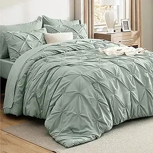 Bedsure Queen Comforter Set Sage Green - Bed in a Bag Queen Size 7 Pieces, GentleSoft™ Pintuck Bed Set Gift for Family, Pinch Pleat Sage Green Comforter with Sheets, Pillowcases & Shams