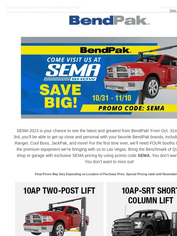 BendPak - BendPak SEMA 2023 Sale Starts NOW!
