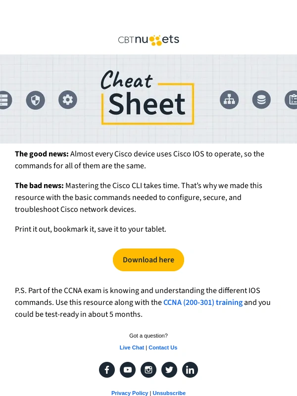 CBT Nuggets - Free resource: Cisco IOS command cheat sheet