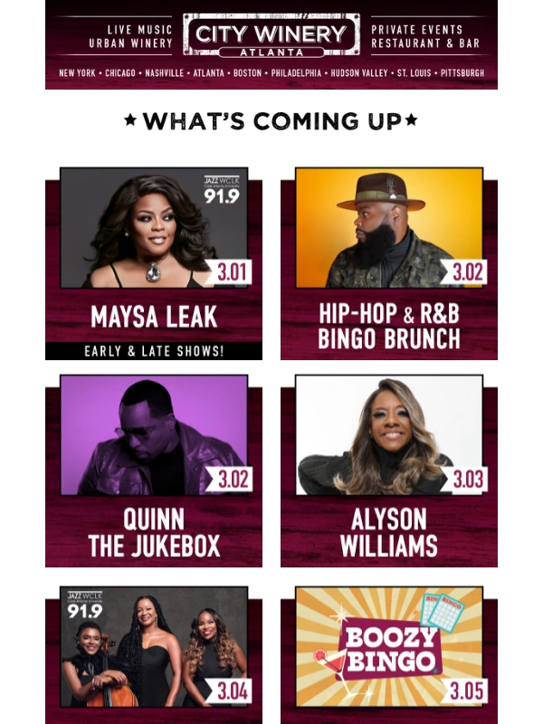 City Winery - Nish Kumar,Rayland Baxter,The Irish Tenors & More This March at City Winery Atlanta! ?✨?