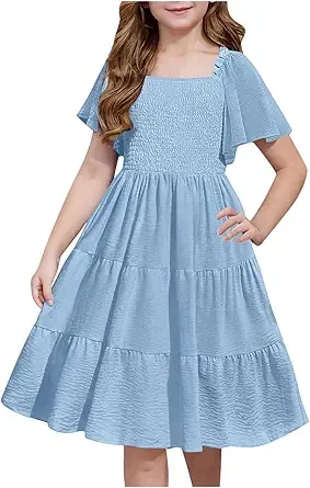 Lmdudan 2025 Girls Summer Dress Boho Casual Smocked Swing Flowy Ruffle Midi Dresses Square Neck Party Dresses 5-15 Years Blue
