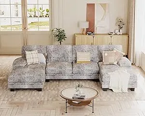 Jummico U Shaped Sectional Couch with Chenille Fabric, 4 Seat Modern Sofa with Removable Pillows (Fabric, Grey)