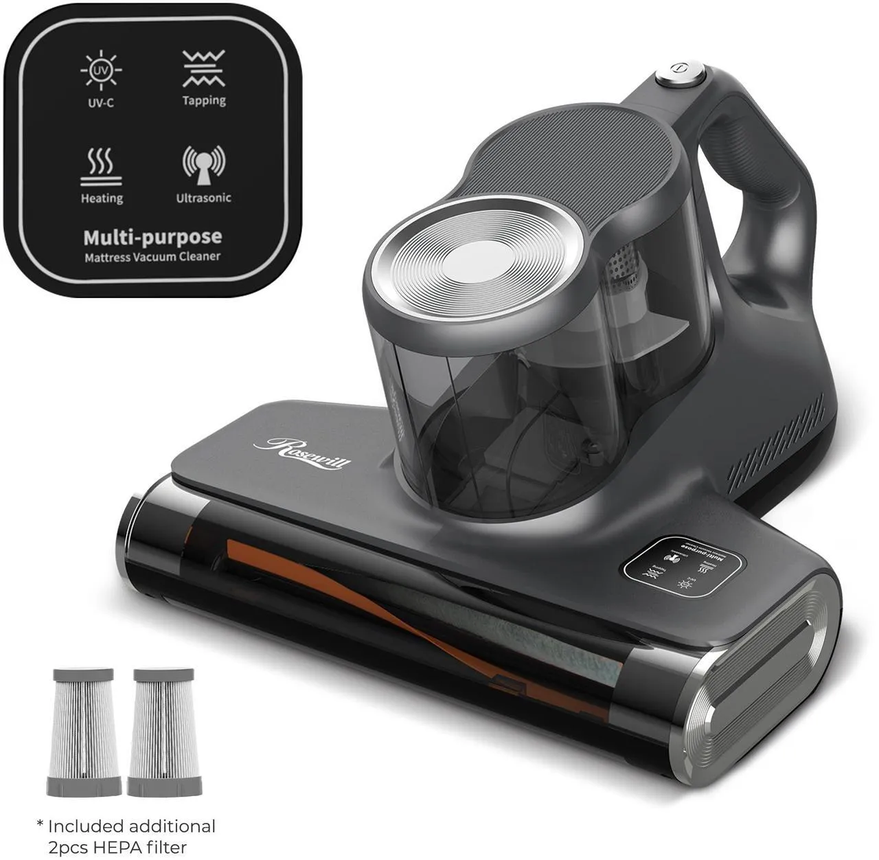 Rosewill Mattress Vacuum Cleaner: Anti-allergen Bed Vacuum Cleaner with UV-C Light & High Heating Tech, 450W 16Kpa Strong Suction, Deep Cleaning Handheld Vacuums for Sofa/Bed/Pet Hair - Corded - Grey