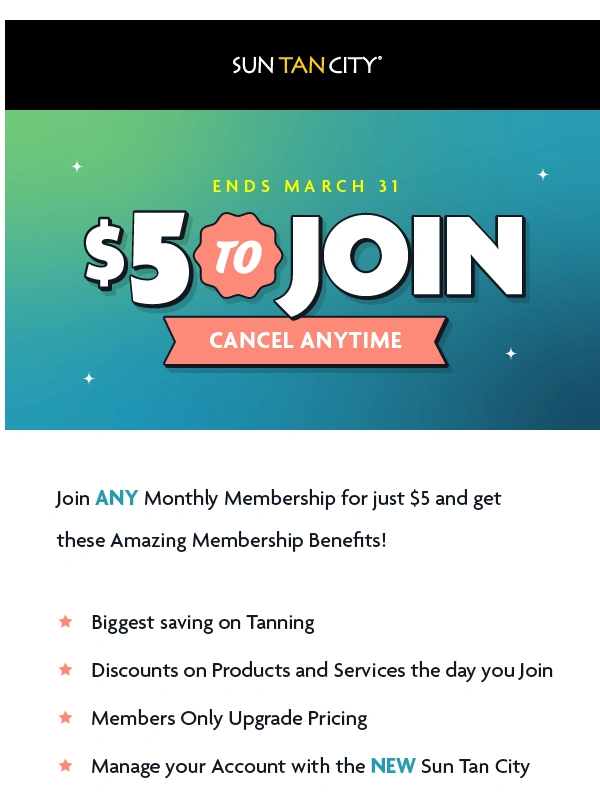 Sun Tan City - $5 to Join ANY Monthly Membership! ✨
