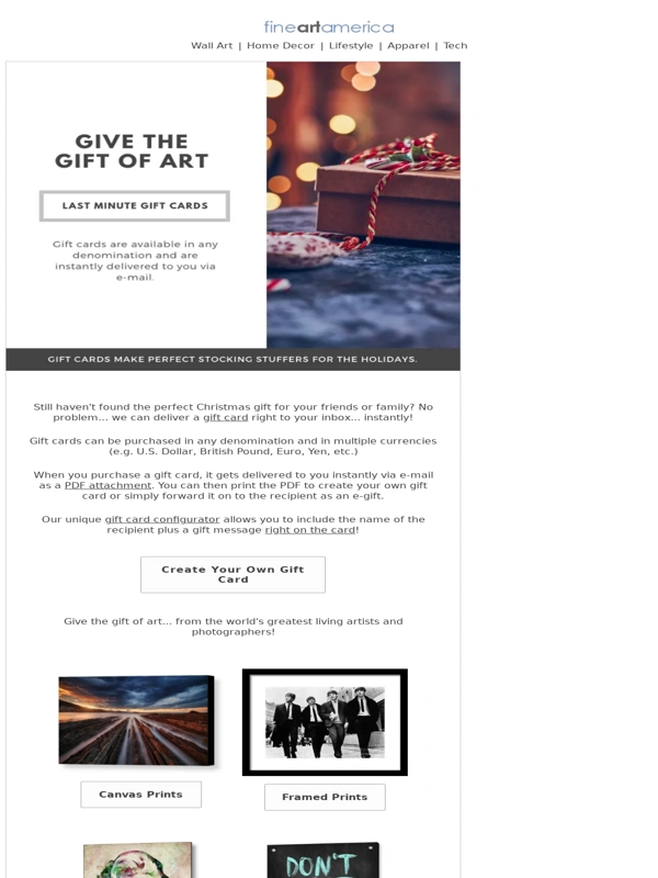 Fine Art America - Holiday Procrastinators... How About a Gift Card Delivered Right to Your Inbox?
