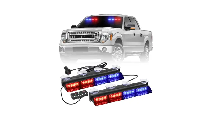 AINBIN 2 in 1 14 inch Emergency Strobe Dash Police Lights 32 LED Red Blue Police Bar Safety Flashing Warning Hazard Interior Front/Rear Windshield Lights w/Suction Cups for Vehicles Trucks Car