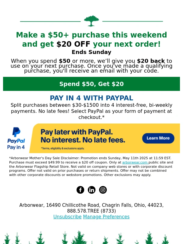 Arborwear - Get $20 OFF your next order with $50 purchase