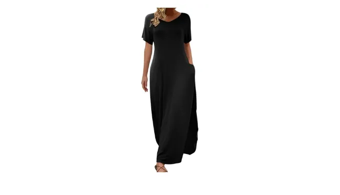 Casual Maxi Dresses for Women Split Long Boho Dress Soft Comfortable Short Sleeve Pockets Beach Vacation Sundress