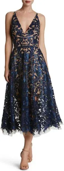 Blair Womens Lace Sequined Midi Dress In Navy,nude
