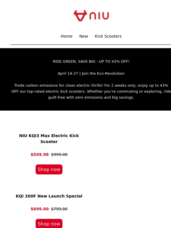 NIU - ? Earth Day Special: Up to 43% Off Electric Scooters!