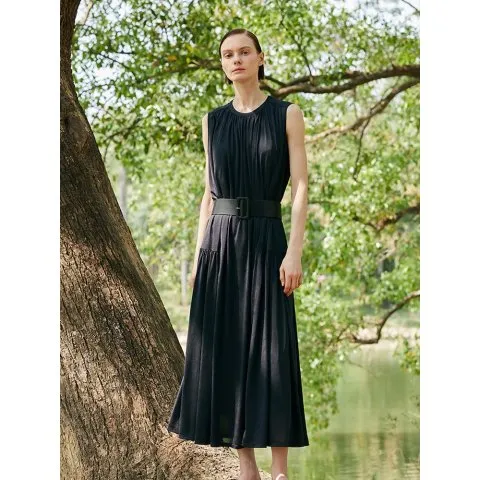 Knitted Women Maxi Vest Dress With Belt And Bottomed Spaghetti Strap Dress