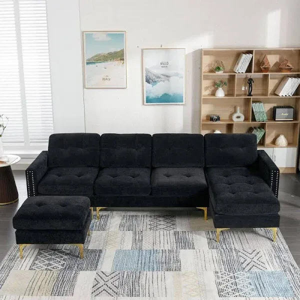 110.6 in. Velvet L-Shape Convertible Sectional Sofa with Movable Ottoman